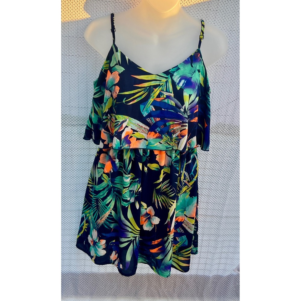 Charlotte Russe Romper Medium Blue Tropical Floral Ruffle Tiered Summer Y2K